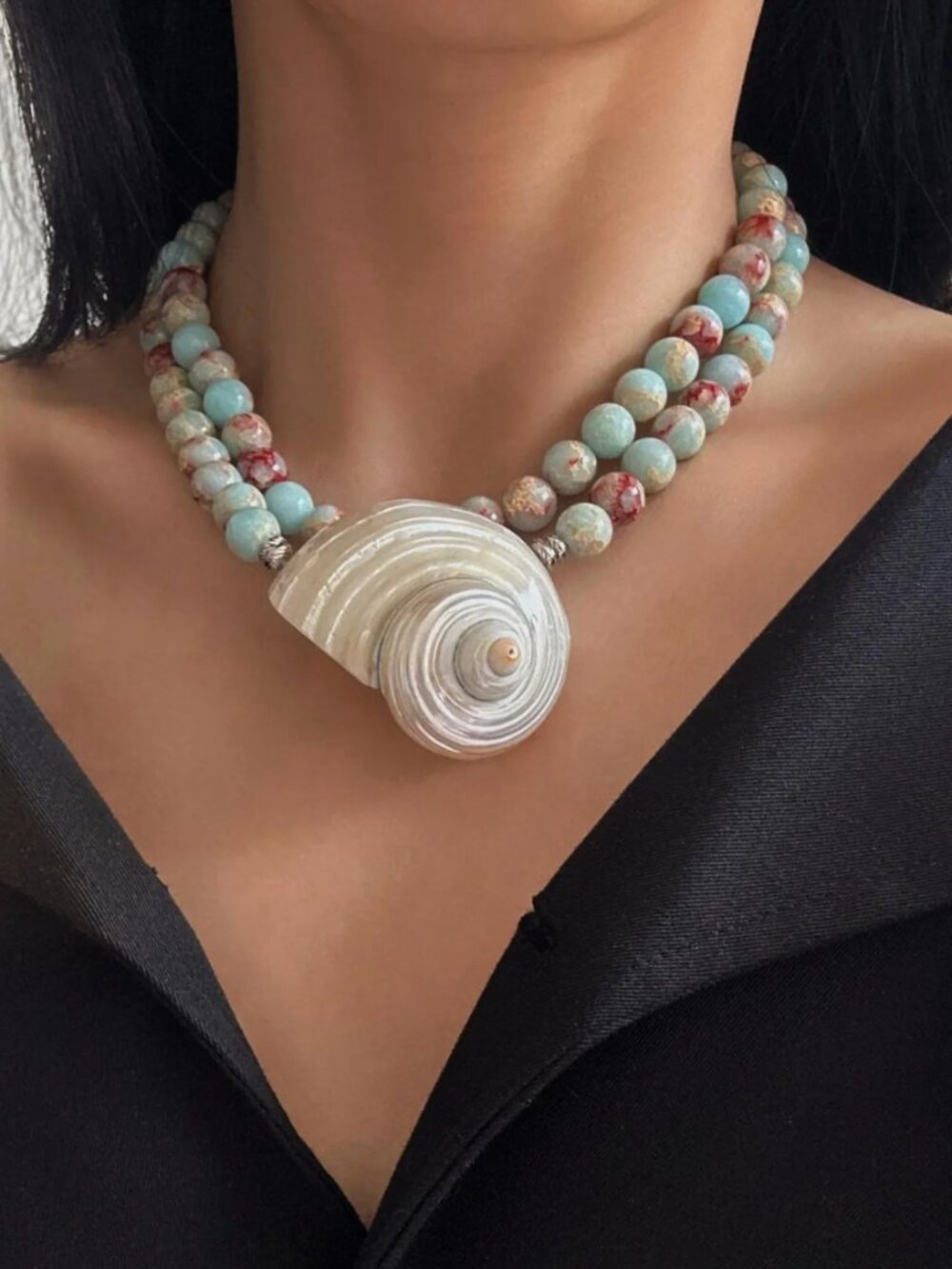 Double Strand Seashell Choker Necklace • White Shell & Aqua Terra Jasper